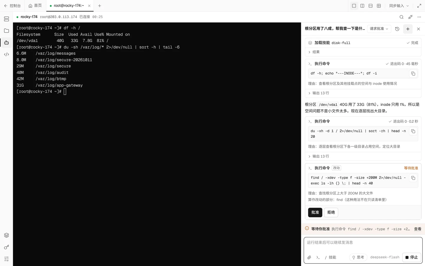 终端旁的 AI 助手正在排查磁盘空间：已经执行了 df 和 du 两条查看命令，下一条 find 命令被控制台判定为可能改动系统，正在等待用户批准或拒绝